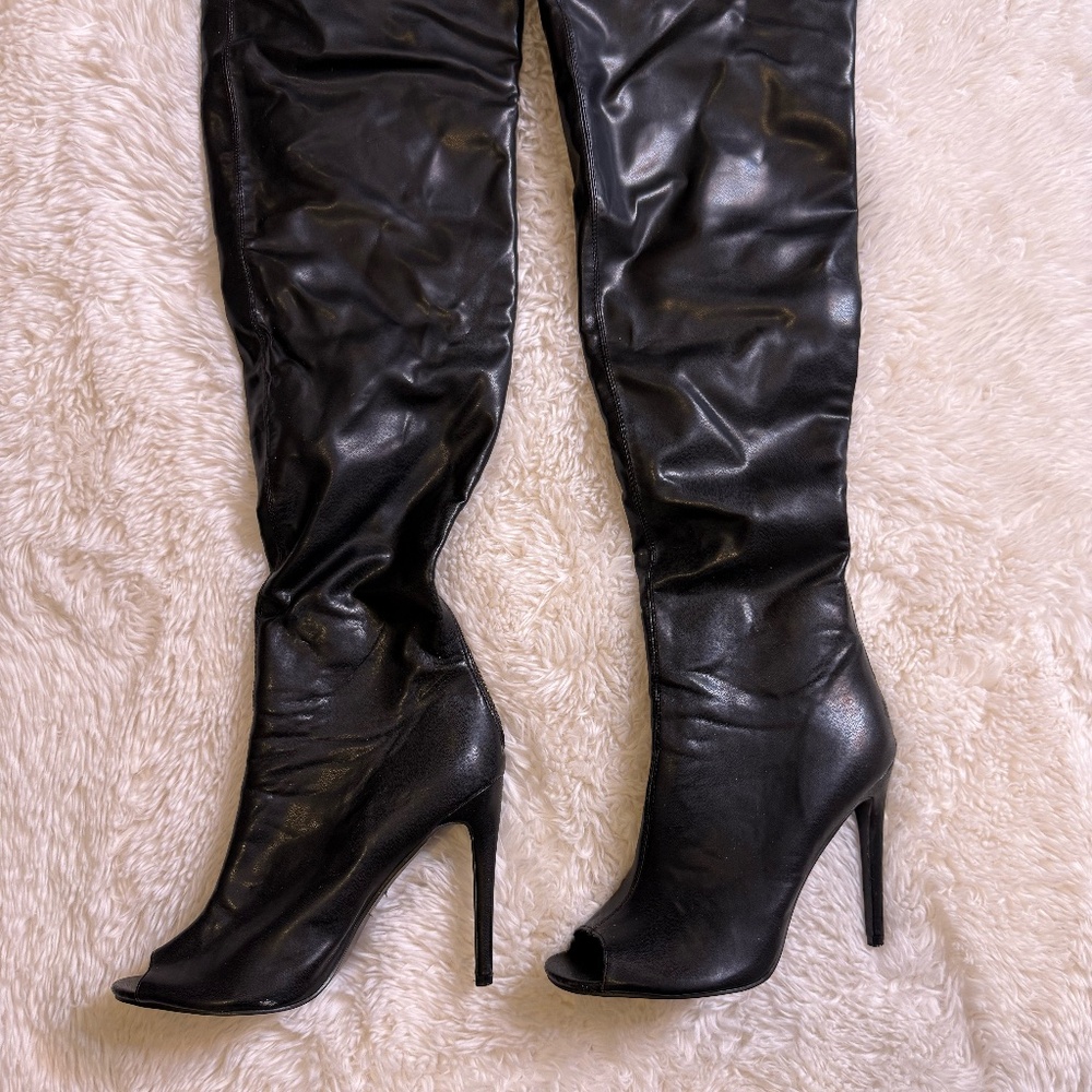 Black Slouchy Faux Leather Peep-Toe Thigh-High Boots